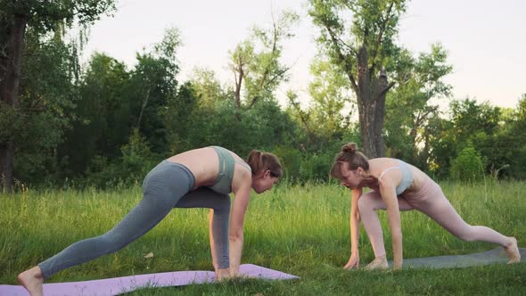Personal Yoga Trainer Teaching Young Woman or Her Friend Doing Surya Namaskar Outdoor