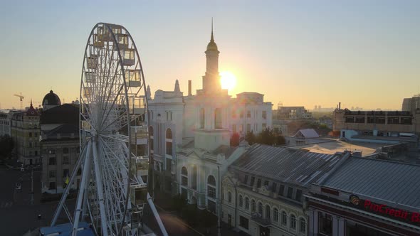 Historical District of Kyiv - Podil in the Morning at Dawn. Ukraine. Aerial View