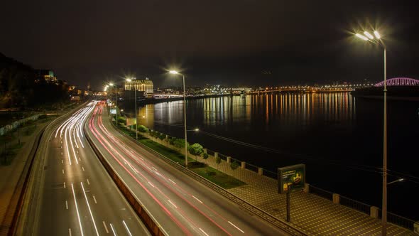 Fast Movement Of Cars On A Large Highway In The City At Sunset, Kiev, Ukraine, Blur Of Lights