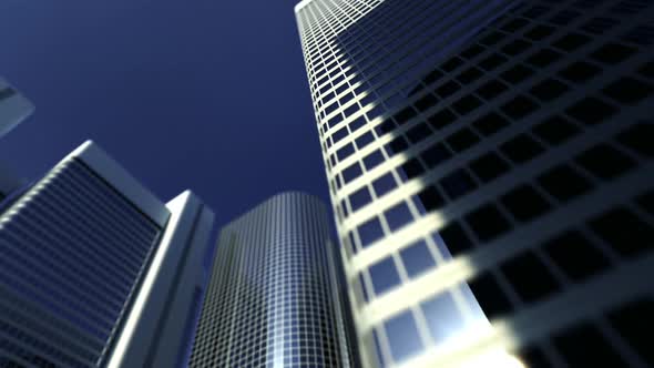 A plane flying over tall buildings alt