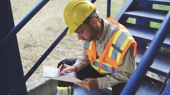 Architect in Helmet and Safety Vest Making Notes in Notepad