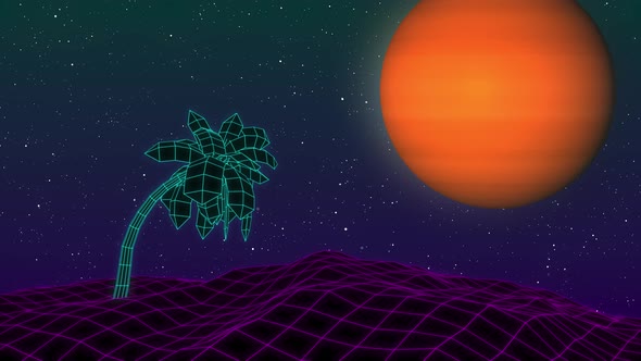 Neon palm tree on purple grid ground background. Retrowave vaporwave