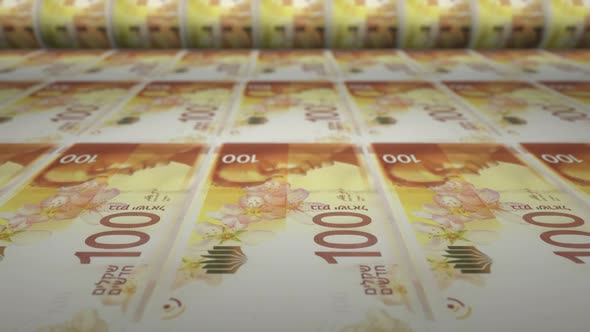 Israeli 100 shekels bills on money printing machine