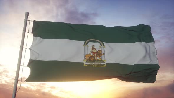 Andalusia flag, Spain, waving in the wind, sky and sun background