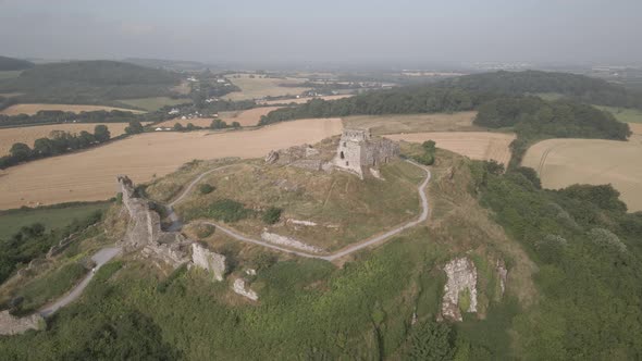 Ireland Castle On Hilltop - Rock Of Dunamase Surrounded By Agricultural Terrain - Aerial Orbiting Sh