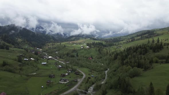 Ukraine, Carpathian Mountains: Village in the Mountains. Aerial