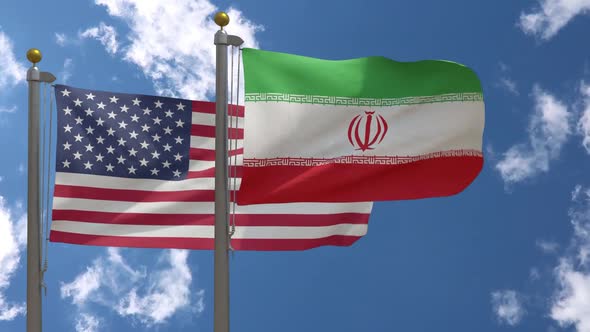Usa Flag Vs Iran Flag On Flagpole