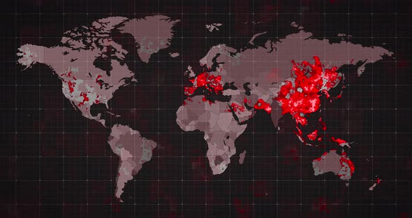 Animation of the world map and countries turning red through circles in a dark background