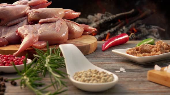 Closeup Panorama of the Ingredients for Preparations of Tasty Grilled Quails