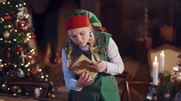 Funny elf holding stack of envelopes for Santa.