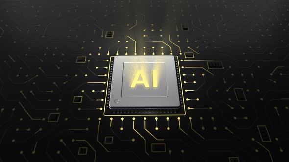 3d render of computer chip over circuit background with AI sign. Loop