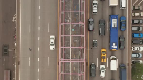 AERIAL: Overhead Top Down Birds View of Bridge with Heavy Car Traffic, New York City 