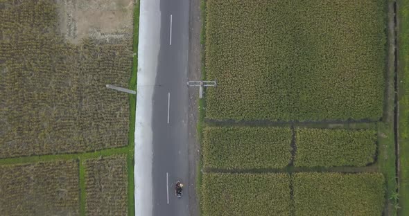 Aerial drone view of a man riding his motocross motorcycle on a road in Bali.