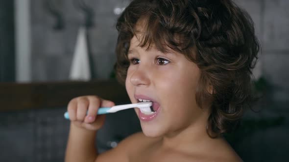 Lovely Responsible Little Boy which Cleaning His Teeth in the Bathroom