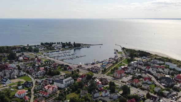 Flying over the port in Jastarnia on Hel peninsula at the Baltic Sea in Poland