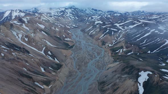 Aerial View of Spectacular Panorama of Thorsmork Valley Glacier Wild Highlands in Iceland
