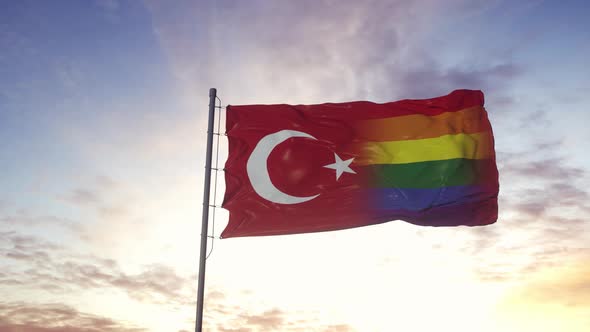 Waving National Flag of Turkey and LGBT Rainbow Flag Background