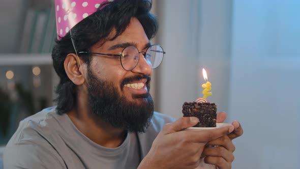 Close Up Headshot Arabic Spanish Bearded Male Portrait Happy Indian Birthday Man in Festive Cap on