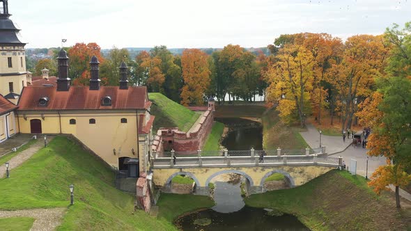 Top View of the Autumn Nesvizh Castle and Park