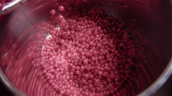 SLOW MOTION, redcurrants being shaken into a large pan