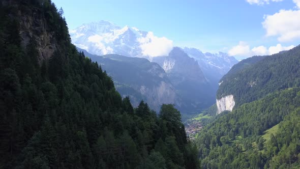 Aerial travel drone view of the Lauterbrunnen Valley, Switzerland.