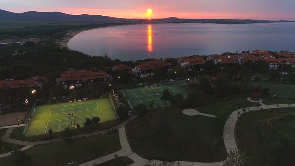 Sunset Over Tennis Courts in Coastal Resort Sozopol Bulgaria