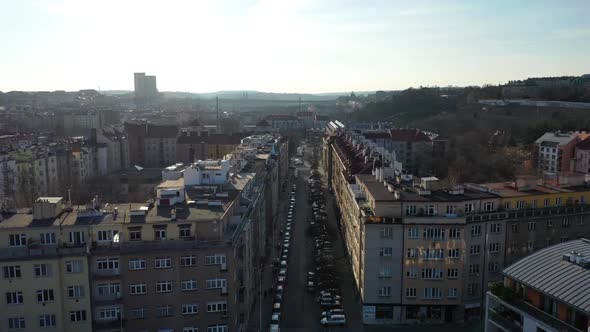 Aerial View of Streets and Residential Buildings in Prague Czech Republic. Light Traffic on Sunny Au