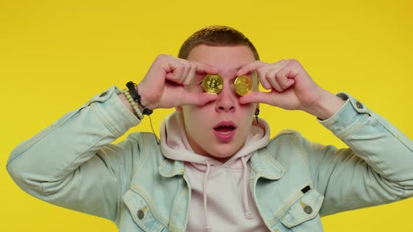 Handsome Rich Stylish Teen Man Fooling Showing Golden Bitcoins Cryptocurrency Investment Mining