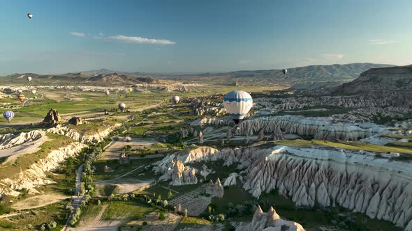 4K Aerial view of Goreme. Colorful hot air balloons fly over the valleys.