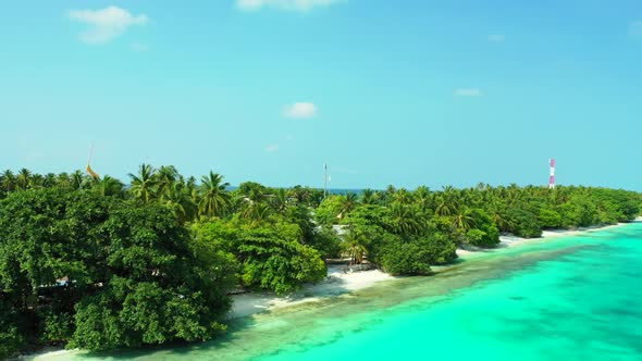Aerial sky of beautiful island beach journey by blue lagoon with white sandy background of a dayout 