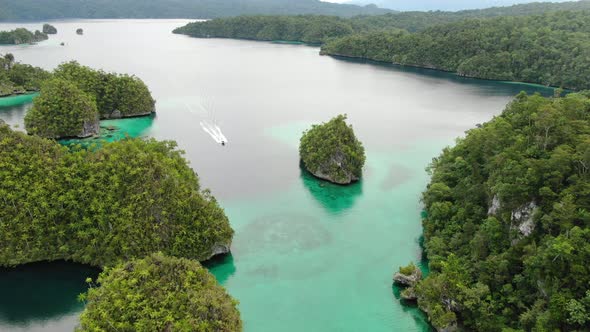 Triton Bay: Boat On Turquoise Sea And Green Tropical Trees In Kaimana Islands