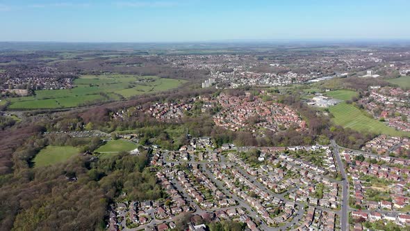 Aerial footage of the British town of Meanwood in Leeds West Yorkshire