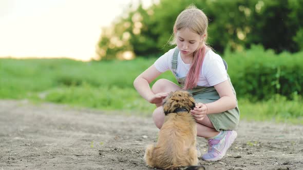 Happy Girl Play with Little Puppy