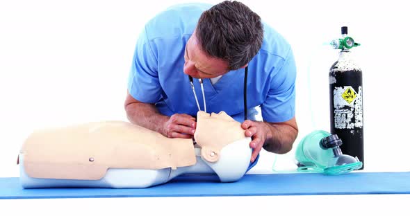 Male paramedic during cardiopulmonary resuscitation training