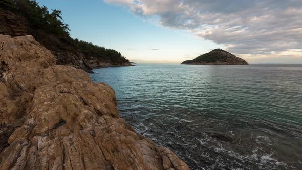 Sunset at the rocky coastline of Thasos