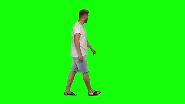 Bearded Guy Calmly Walking on Green Screen Background. Chroma Key,  Shot. Profile View.