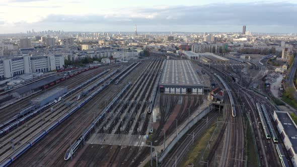 Train Station Aerial Drone. A drone flies over a train station. 