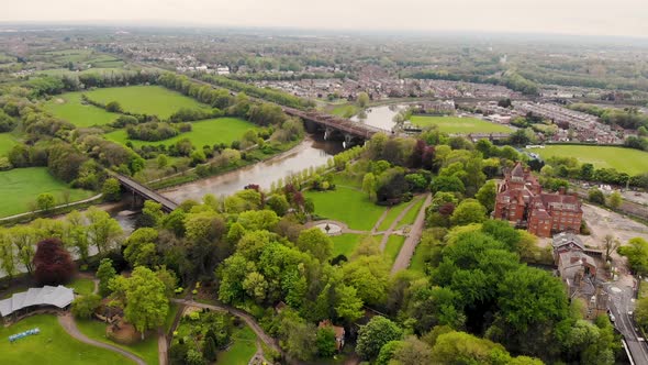 Aerial view of Avenham and Miller park in Preston on a cloudy day