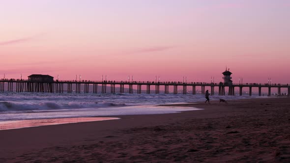 A woman walks her dog on vacation at the beach during a gorgeous yellow, orange, pink and blue sunse