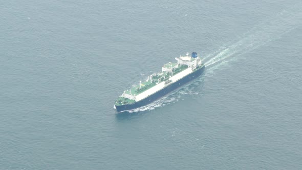 Oil Tanker Cruising In The Open Sea. aerial, slow motion