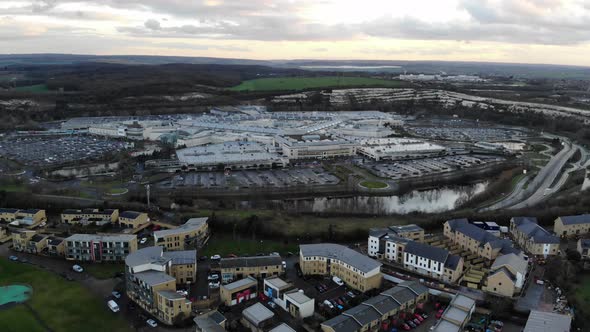 An aerial view of Shopping Centre near Greenhithe, Kent at sunset