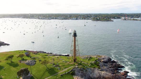 Aerial View Of Marblehead Light In Marblehead Neck In Essex County, Massachusetts - drone shot