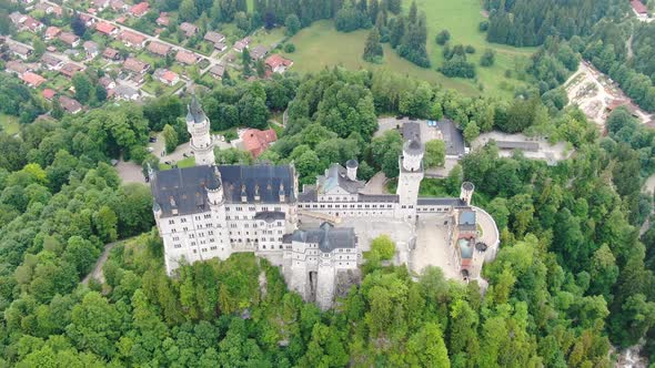 Aerial view of Neuschwanstein castle in Bavaria, Germany, Europe