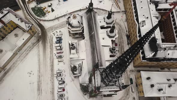 Birds eye view over one of Stockholm's famous tourist attractions, the Riddarholmen church in old Ga