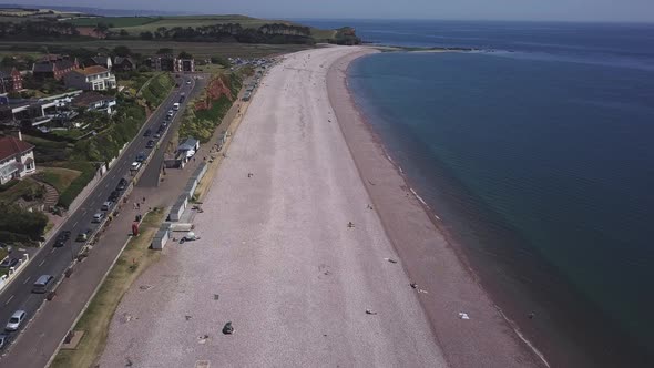 Wide aerial view of the town of Budleigh Salterton and its picturesque pebble beach. Jurassic Coast,