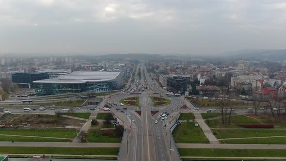 Flying over Grunwaldzki bridge towards Grunwaldzkie roundabout in Krakow, Poland