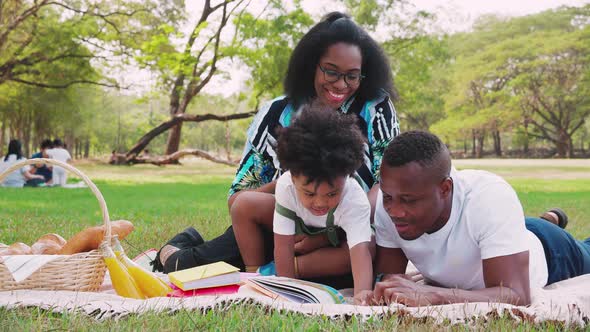 African American parent teaching a homework his son while picnic and relaxes in green park