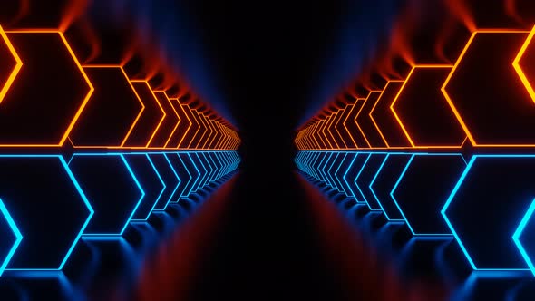 Orange and Blue Led Neon Rhombus Corridor on Dark Background Seamless Animation