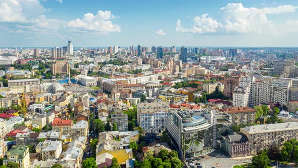 Summer Day in Kiev. Maidan Nezalezhnosti Square. Cityscape Aerial Time Lapse. Panoramic Shot