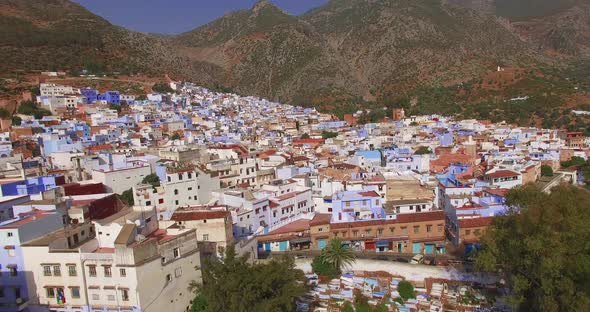 Chefchaouen, Morocco Cityscape. Wide Aerial Shot. Aerial